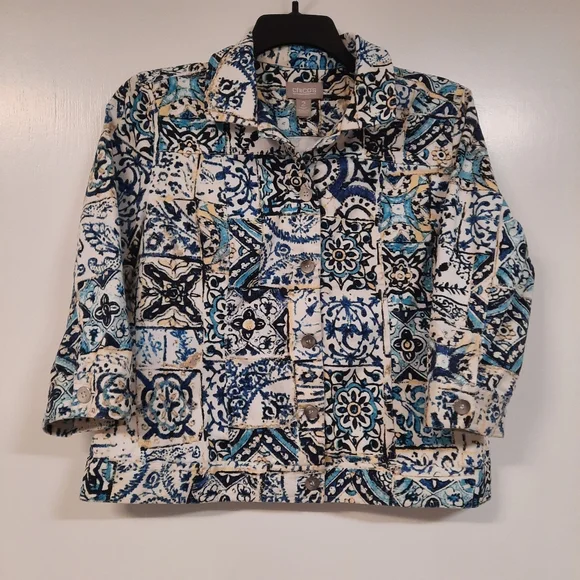Chico's Size 2 Button Up Blazer Jacket Blue White Medallion 3/4 Sleeve Sz L Arts - Picture 5 of 14